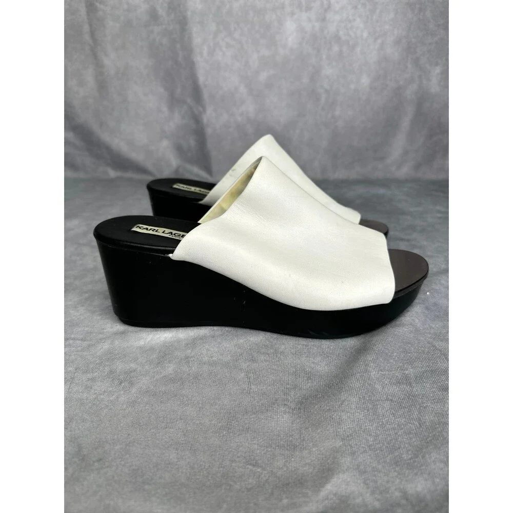 Women's Karl Lagerfeld Paris Lyric White Leather Platform Wedge Sandals Size 7
